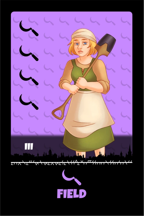 Field People tile: a woman holding a shovel on a purple background