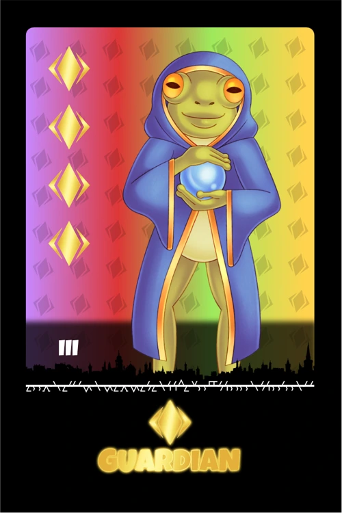 Guardian People tile: a frog-like figure in blue robes holding a glowing orb, on a multicolored background