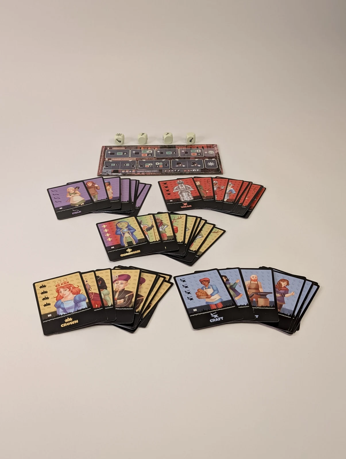 People tiles arranged in colorful faction groups beneath the action board